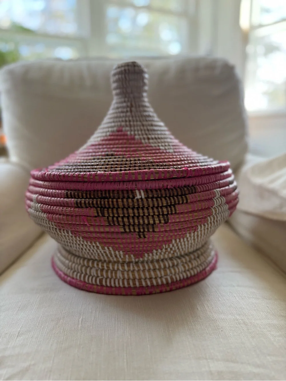 traditional African handwoven lidded basket pink brown and white EUC
